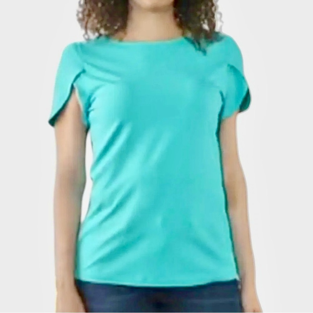 NWT Denim & Co. Aqua Blue Boatneck Top with Tulip Sleeves